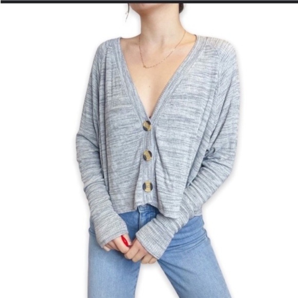 Free People We The Free Ribbed Knit Cropped Button Front Cardigan Gray Small